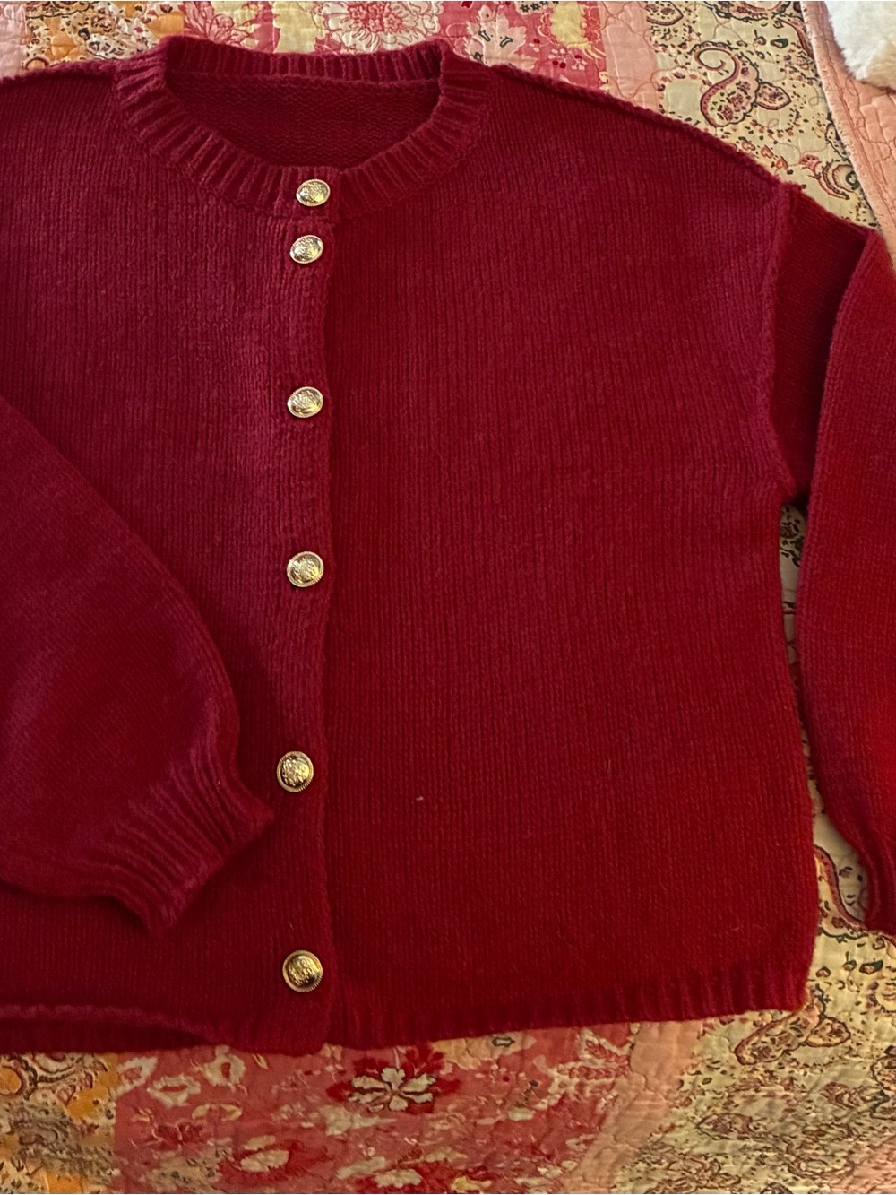 Pretty Garden Chunky Knit Maroon Gold Button Up Crew Neck Women's Sweater Size S